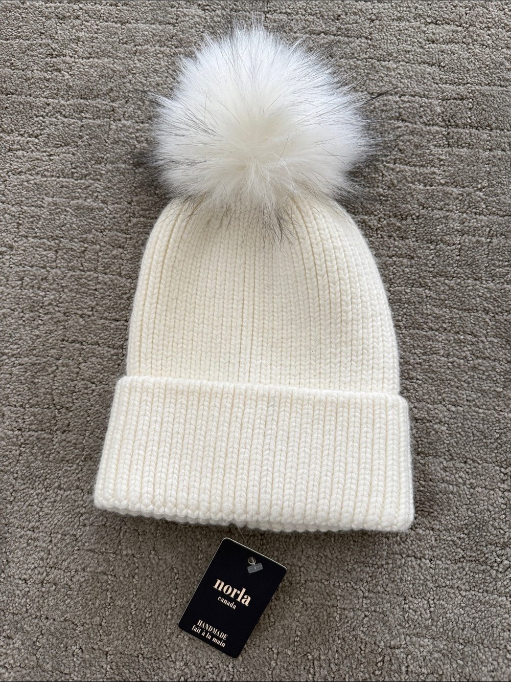 Cream Knit Beanie with Faux Fur Pom